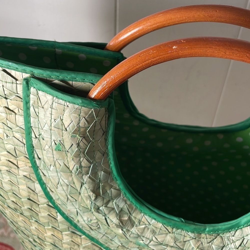Green Woven Kelly Green Handcrafted Straw Tote Bag with Wooden Handles - Picture 3 of 16